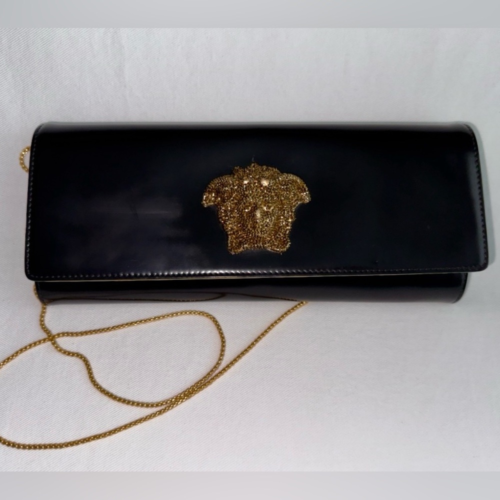 ✨VERSACE Crystal Medusa Icon Leather Clutch Bag With Strap Black Gold - Picture 3 of 17